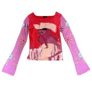 VTG 90s Custo Barcelona Cowgirl Top Embroidered Sweater Sleeves Large Wool retro